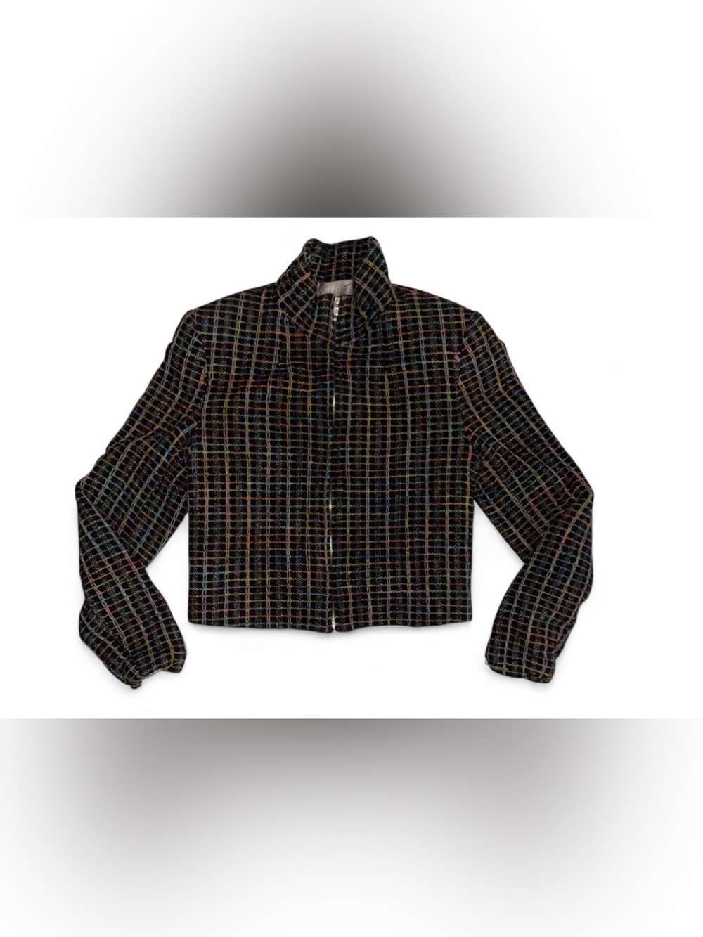 Cropped Black Multi-Color Grid Zip Jacket